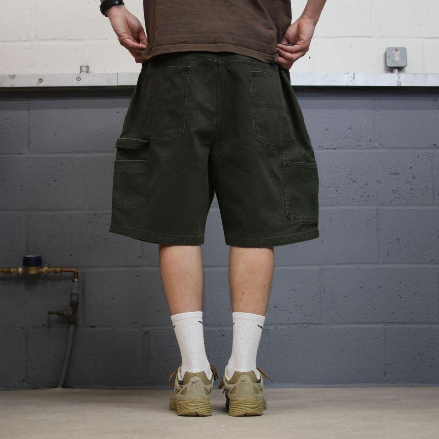 Baggy carpenter shorts canvas work green Red Head loose skate style summer festival jorts
