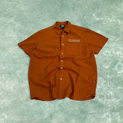 North Face checkered short sleeve shirt y2k orange TNF surf style check shirt summer festival