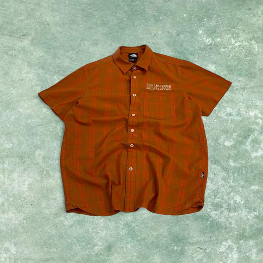North Face checkered short sleeve shirt y2k orange TNF surf style check shirt summer festival