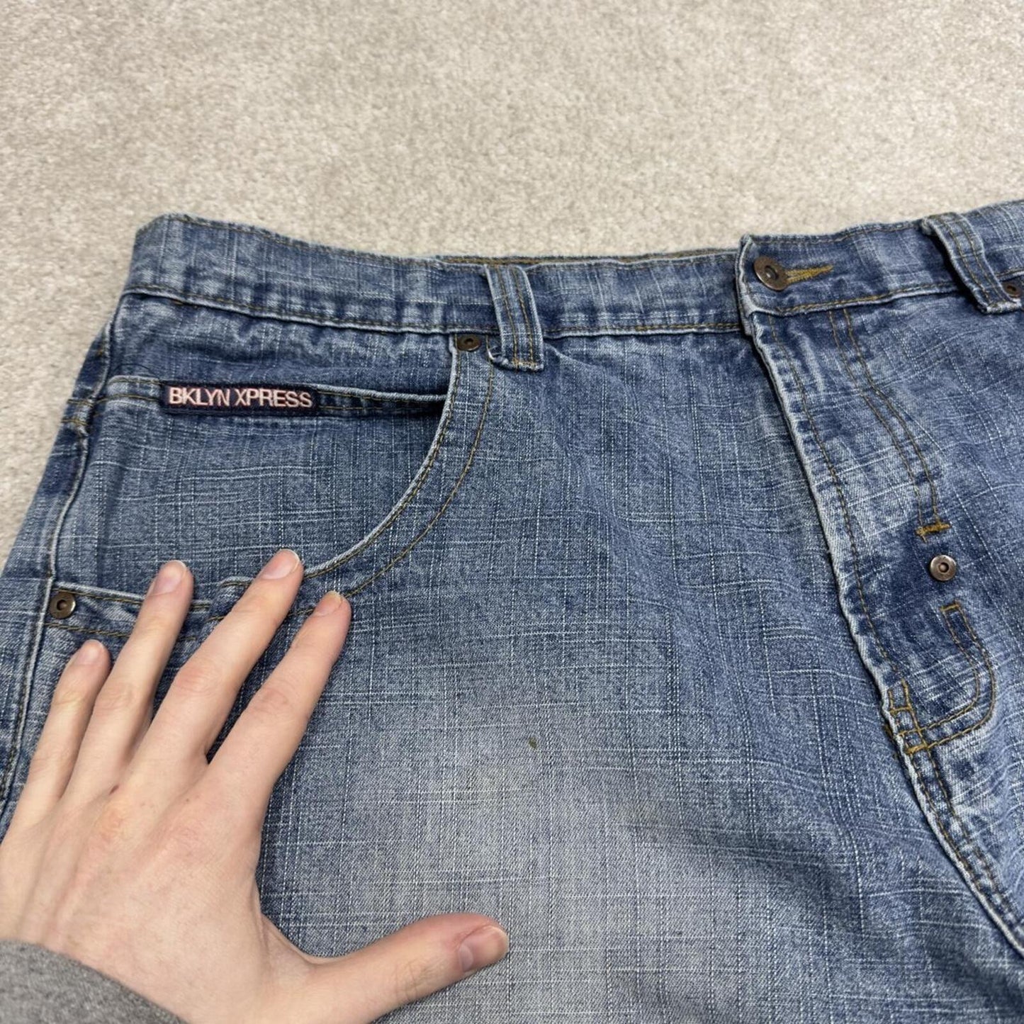 Y2k baggy carpenter shorts skater style blue W40 Brooklyn Xpress long wide leg denim jorts