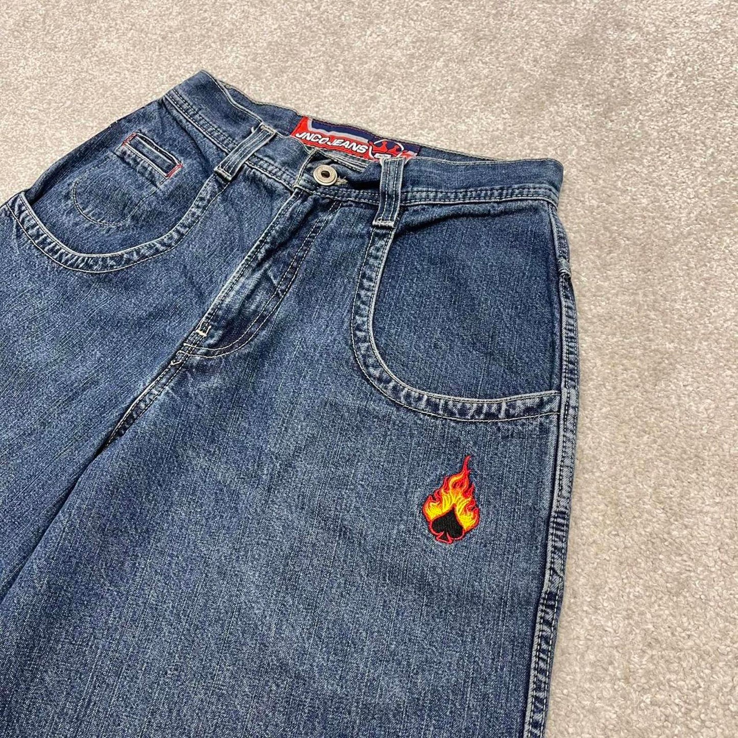Vintage Y2k JNCO denim shorts wide leg blue Loose deep pocket jorts with flaming aces embroidery