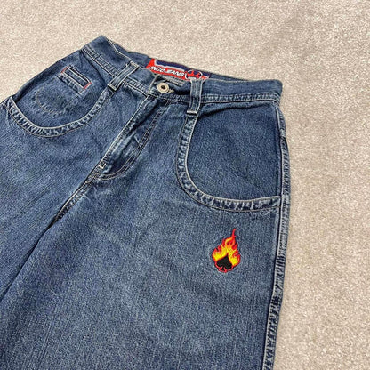 Vintage Y2k JNCO denim shorts wide leg blue Loose deep pocket jorts with flaming aces embroidery