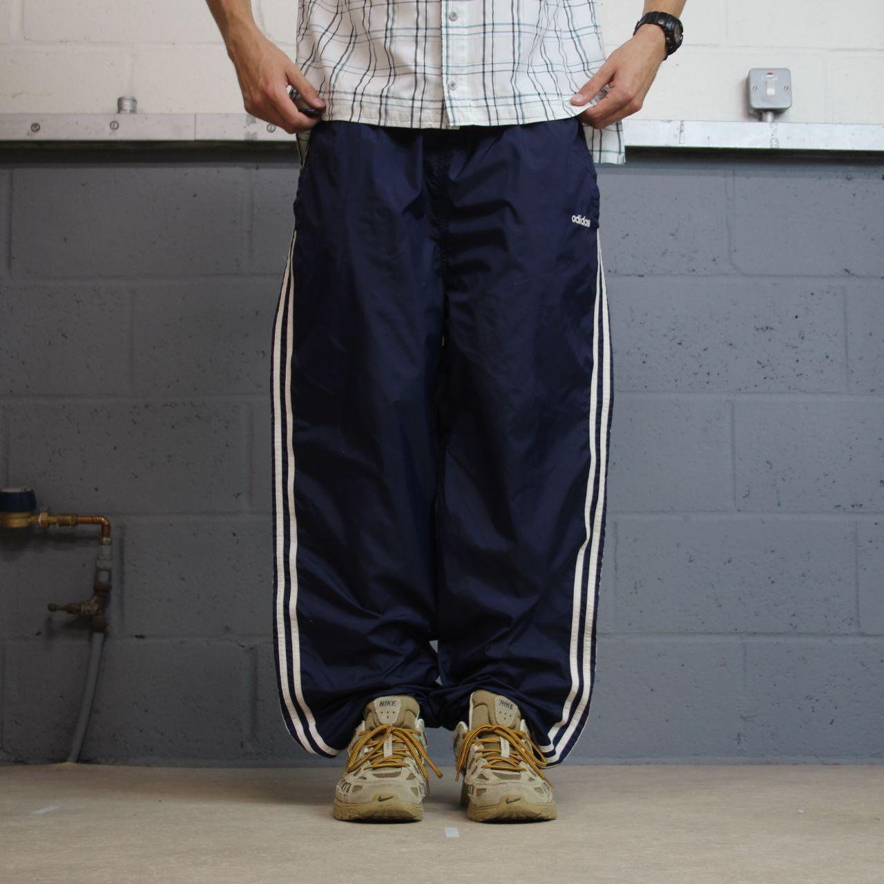 Y2K Adidas tracksuit bottoms navy loose leg XL Loose unlined side stripe track pants