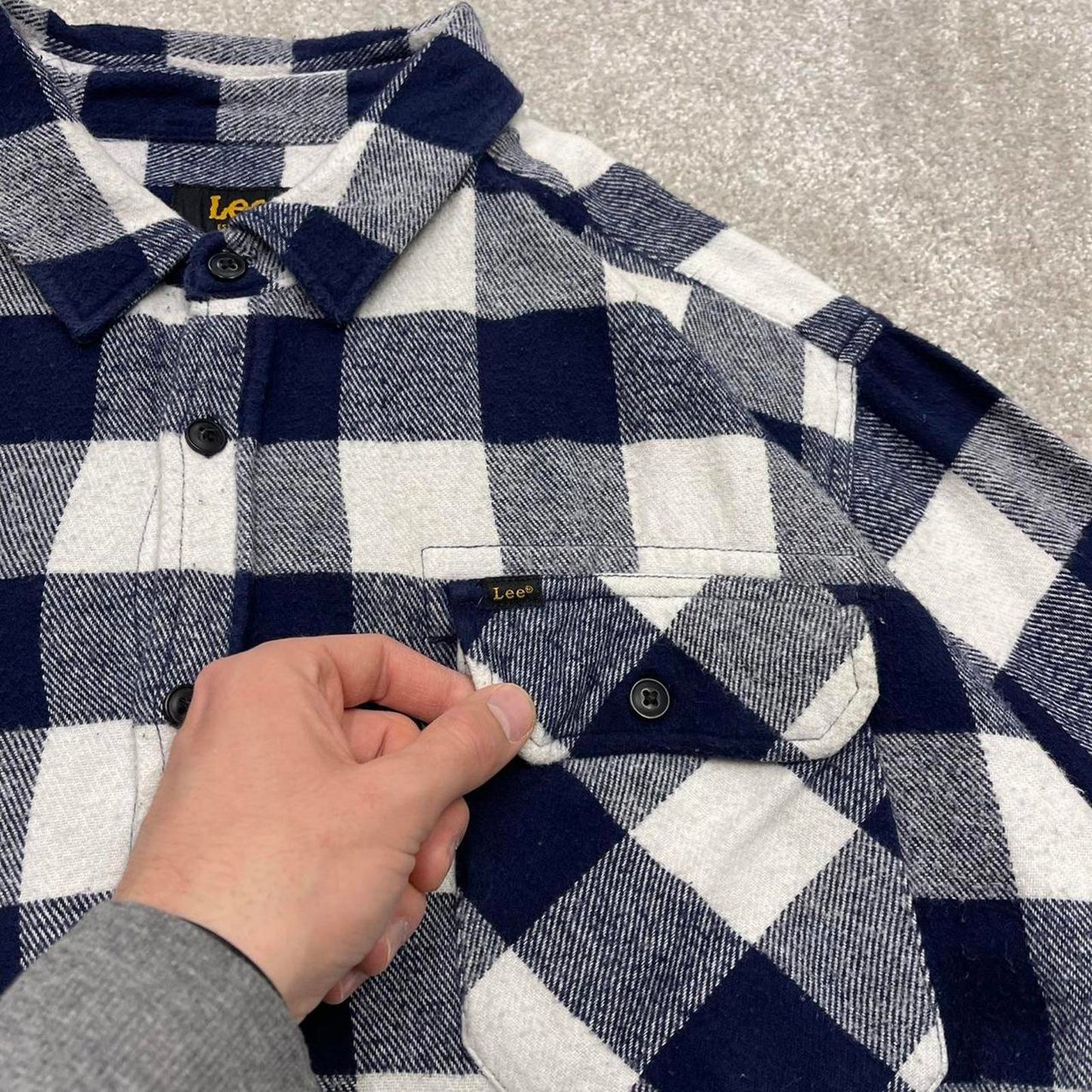 Lee checkered flannel overshirt autumnal XXL navy white men's plaid long sleeve thick button up y2k
