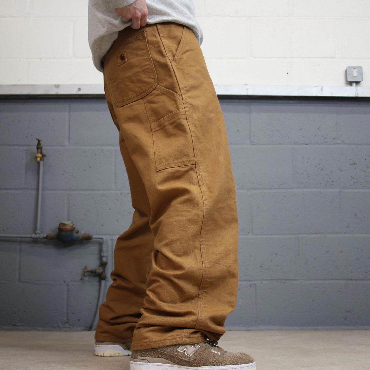 Vintage baggy Carhartt carpenter jeans tan 90s skater style W34L32 flannel lined carpenters