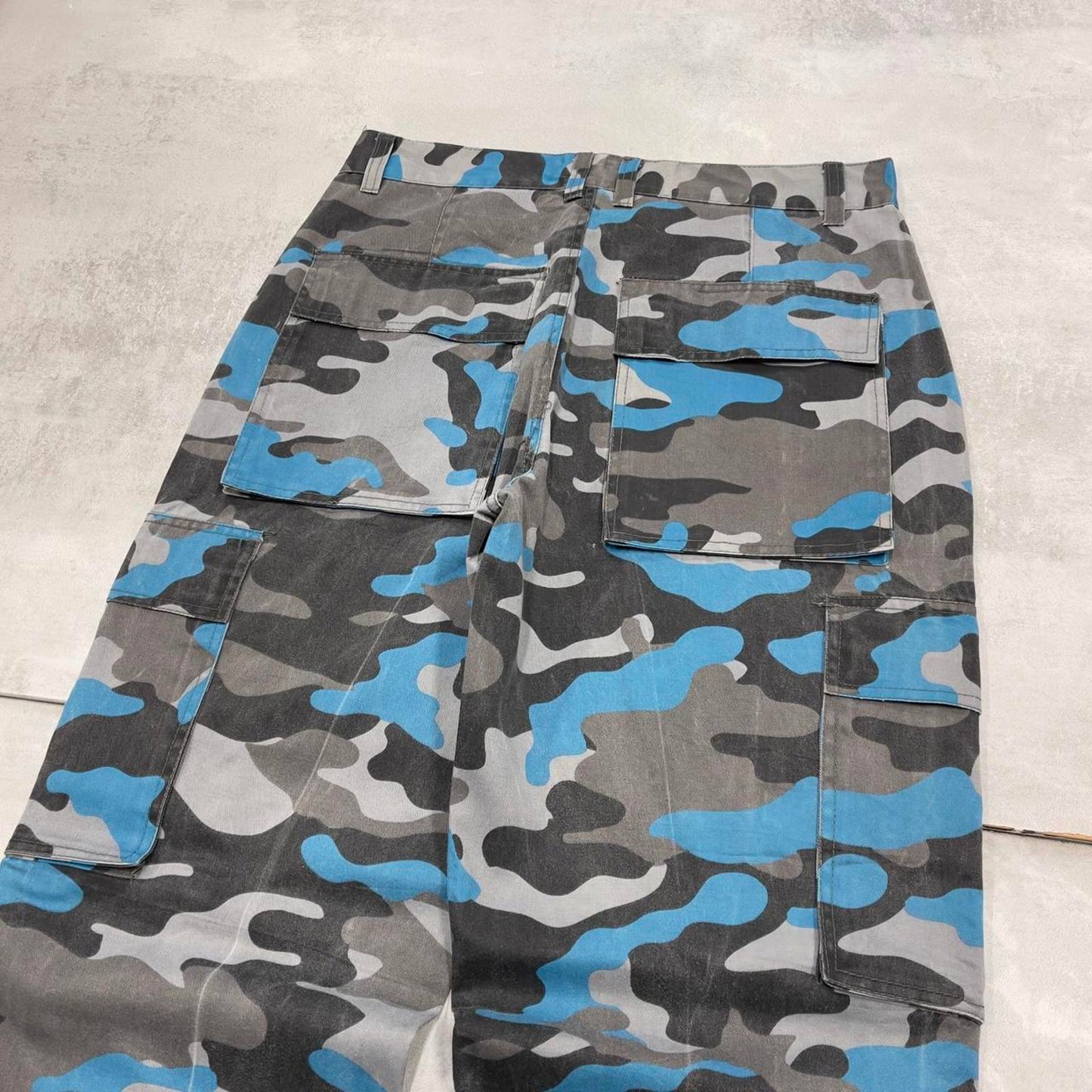 Baggy camo Access cargo pants W34L32 blue grey tiger camouflage y2k style cargos adjustable cuffs