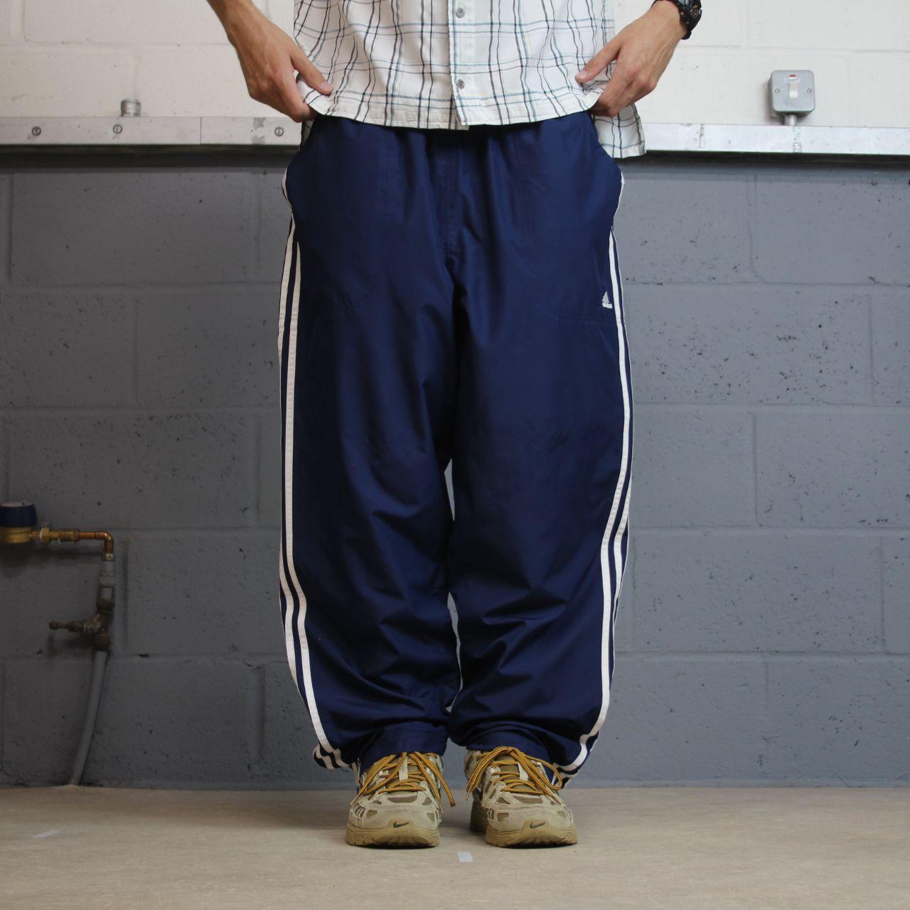 Y2K baggy Adidas tracksuit bottoms navy XL Loose leg mesh lined side stripe track