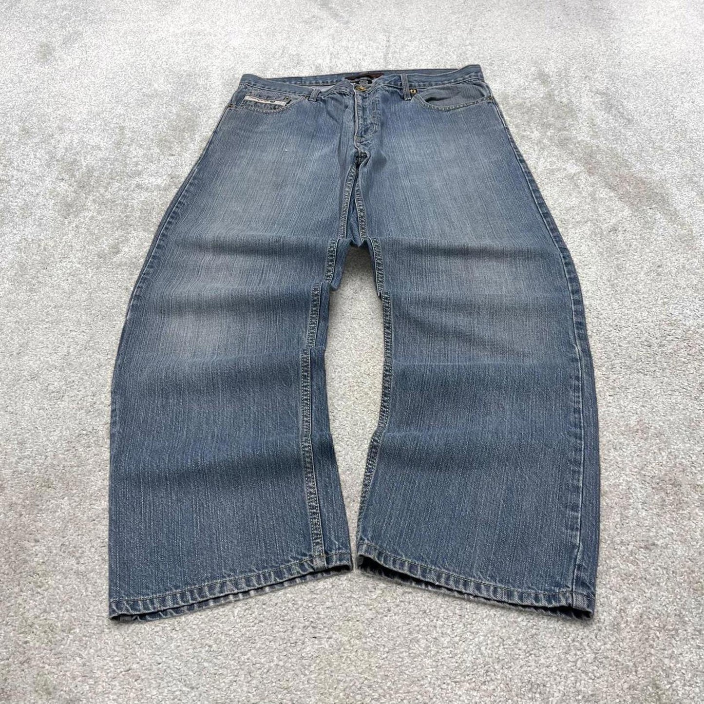 Vintage blue Paco jeans W36L32 loose baggy denim y2k style skater jeans waist patch stitch designs