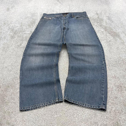 Vintage blue Paco jeans W36L32 loose baggy denim y2k style skater jeans waist patch stitch designs