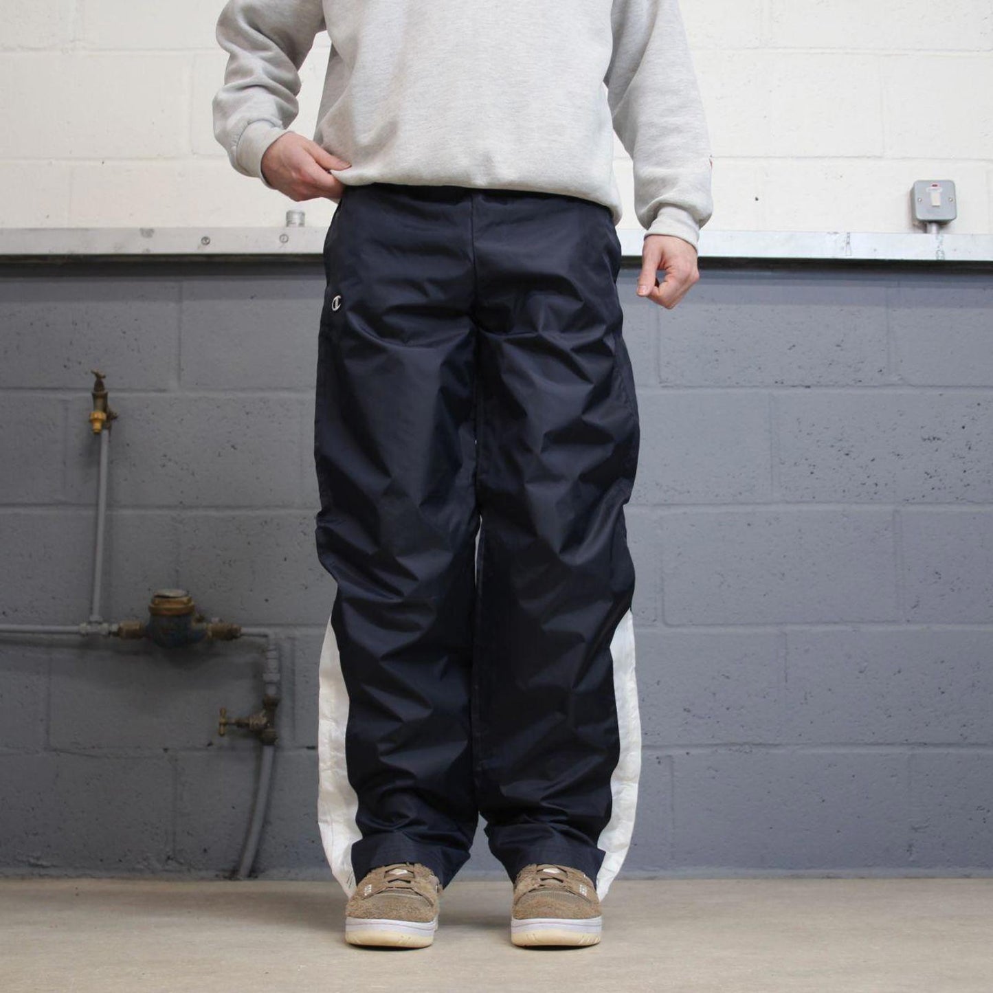 Navy Champion trackies Small loose y2k floaty leg joggers embroidered logo