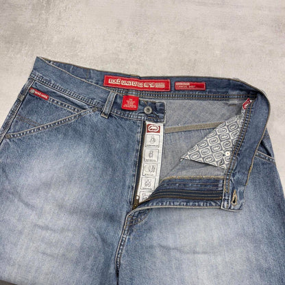 Mens baggy Ecko carpenter jorts W34 blue wide leg 90s style cargo shorts