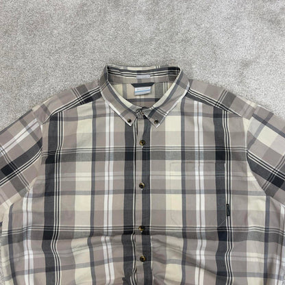 Beige checkered Columbia technical shirt XL men's short sleeve button up autumn y2k style