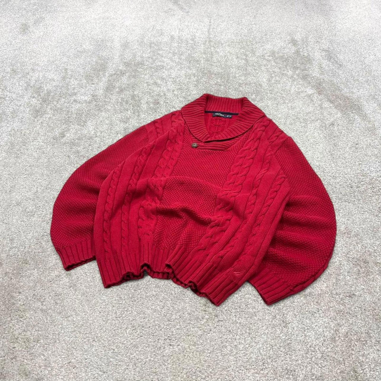 00s Nautica cable knit sweater jumper embroidered XL men's red knitted pull over y2k 90s style