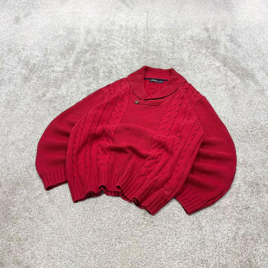 00s Nautica cable knit sweater jumper embroidered XL men's red knitted pull over y2k 90s style