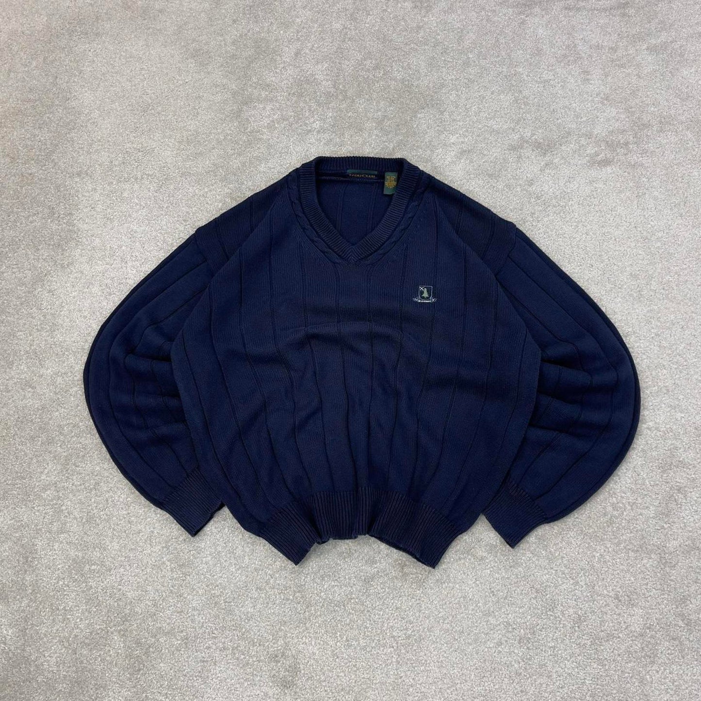 Navy IZOD Club chunky knit pullover jumper L embroidered logo V neck autumn y2k style