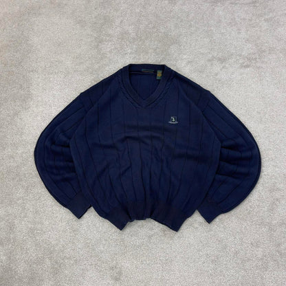 Navy IZOD Club chunky knit pullover jumper L embroidered logo V neck autumn y2k style