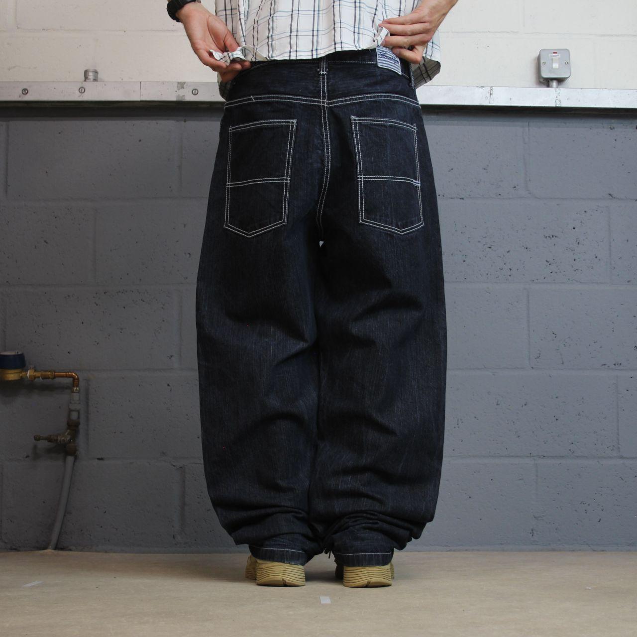Y2K Brooklyn Xpress baggy jeans wide leg navy blue denim Loose leg surf style pants, embroidered