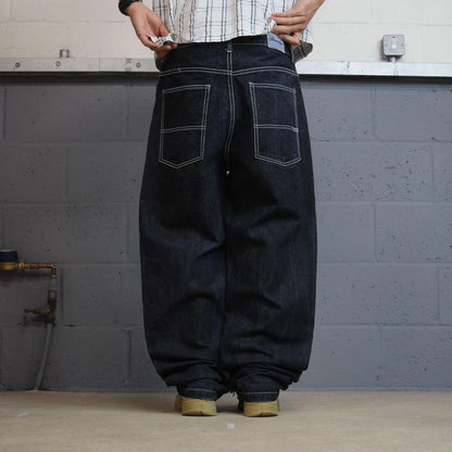 Y2K Brooklyn Xpress baggy jeans wide leg navy blue denim Loose leg surf style pants, embroidered