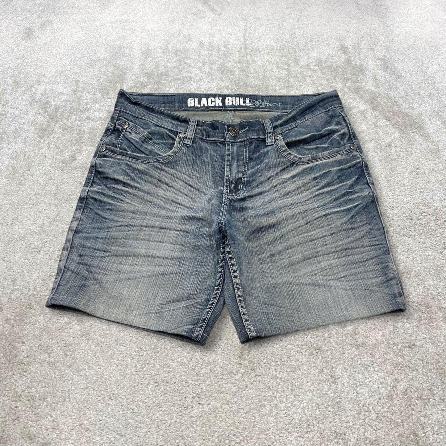 Y2k embroidered denim shorts blue W33 Black Bull summer festival jorts stitch detail