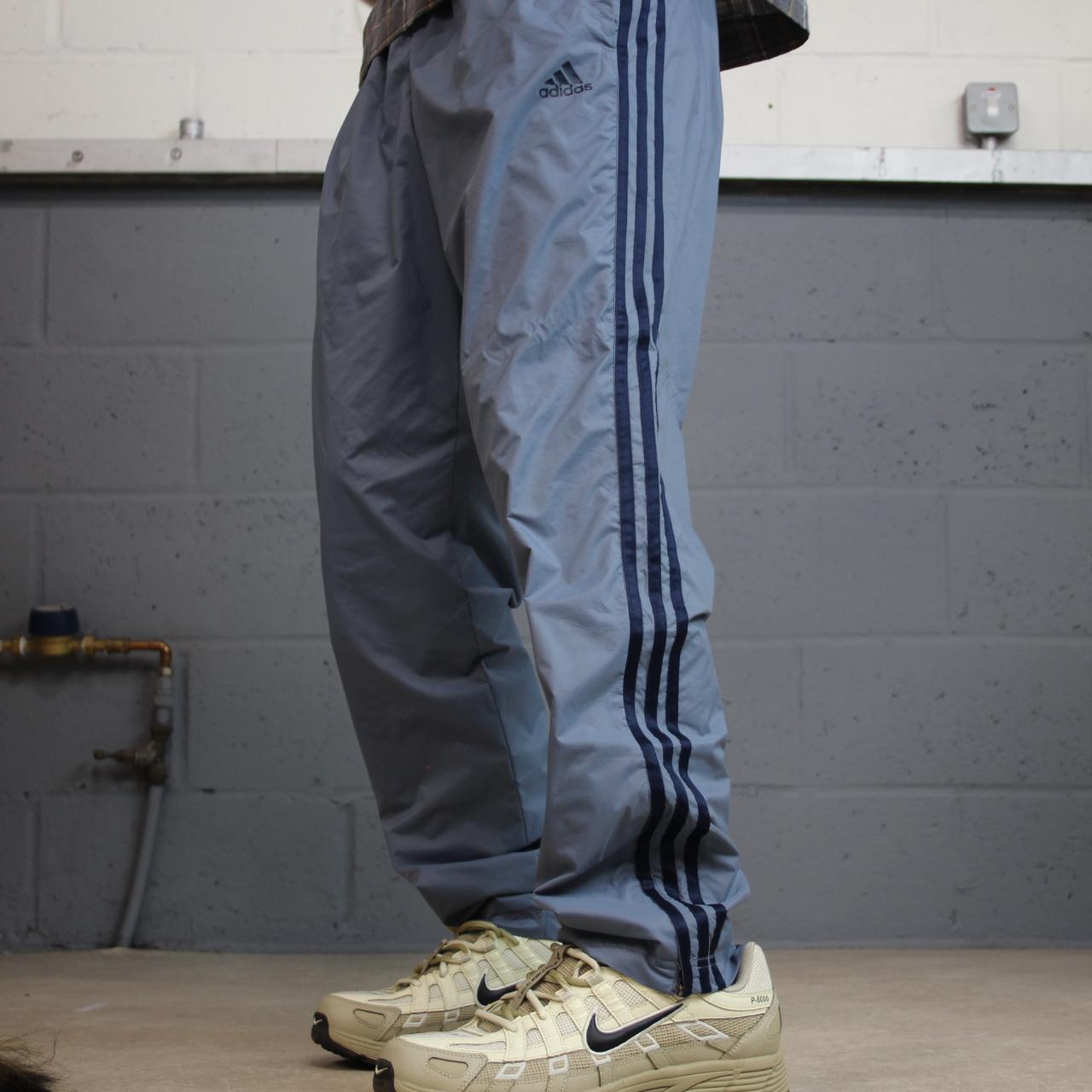 Y2K Adidas tracksuit bottoms grey blue medium side stripe design 2000s style track pants