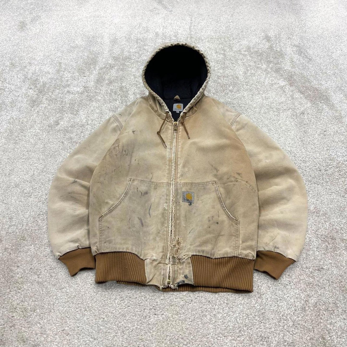 Vintage Carhartt hooded active jacket XL tan brown canvas 90s style skater bomber workwear