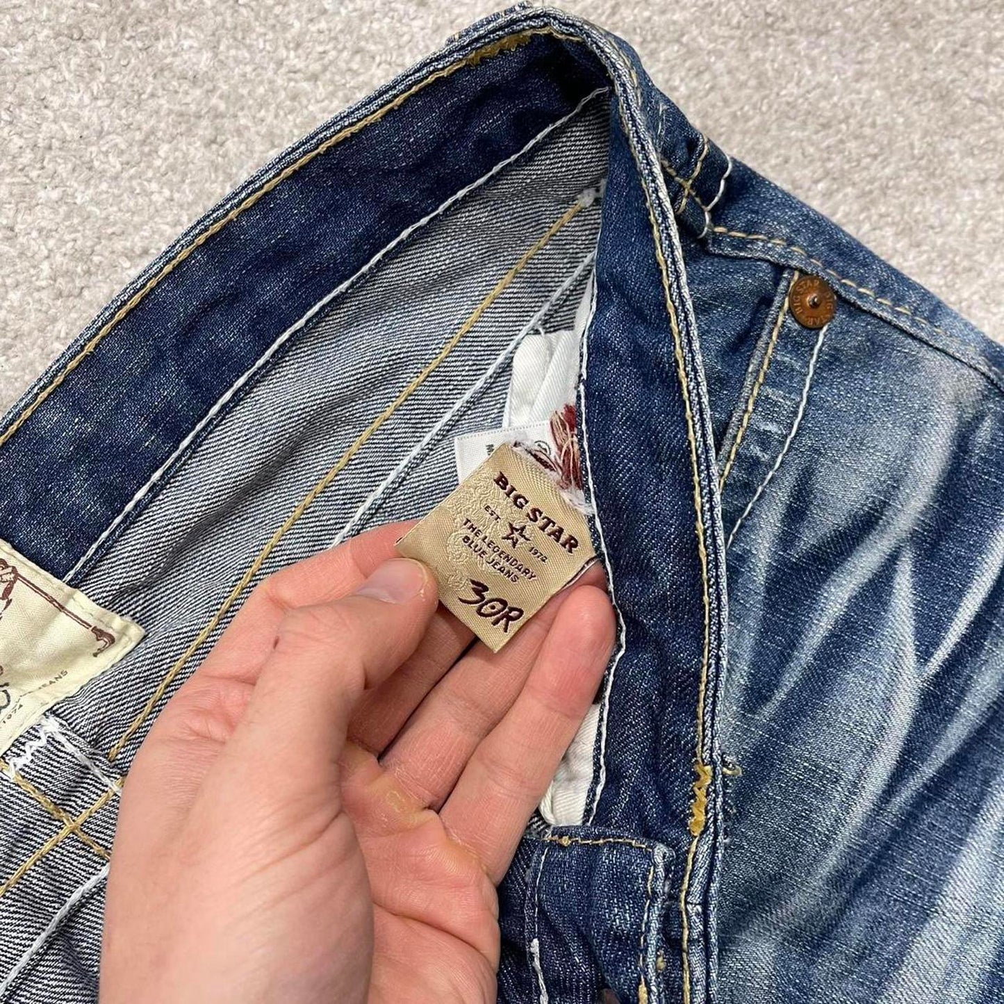 Y2k embroidered big star jeans blue Straight slim 00s style denim pants waist patch logo