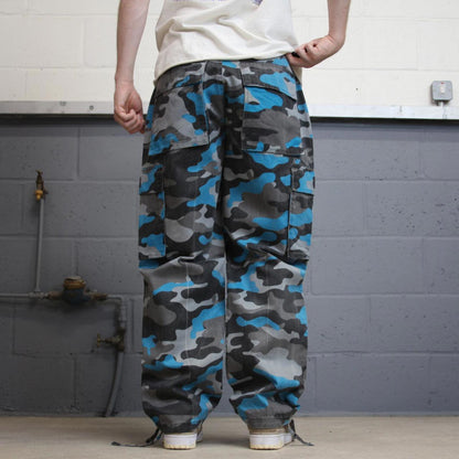Baggy camo Access cargo pants W34L32 blue grey tiger camouflage y2k style cargos adjustable cuffs