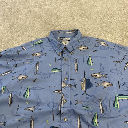 Columbia funky pattern short sleeve shirt y2k blue Festival surf style fishing design summer shirt