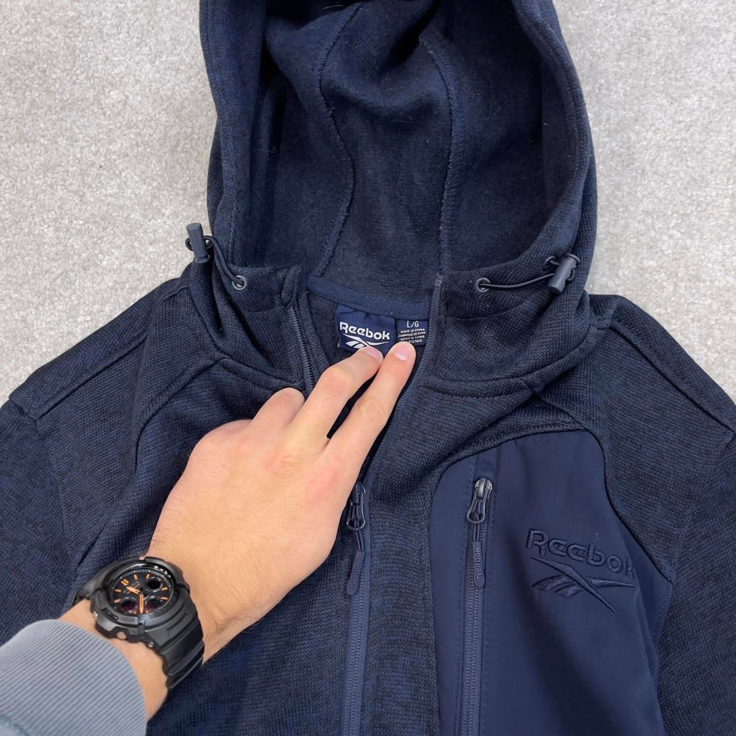 Navy Reebok technical fleece Large y2k style hooded full zip embroidered logo hoodie