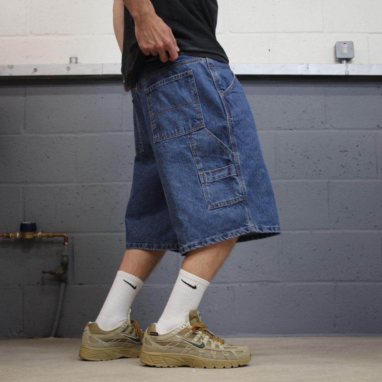 Extra baggy denim shorts carpenter blue Faded Glory skater style summer festival cargo jorts