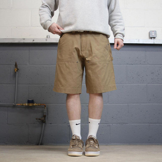 Y2k baggy carpenter shorts skater style tan Jesse James canvas wide leg summer festival jorts