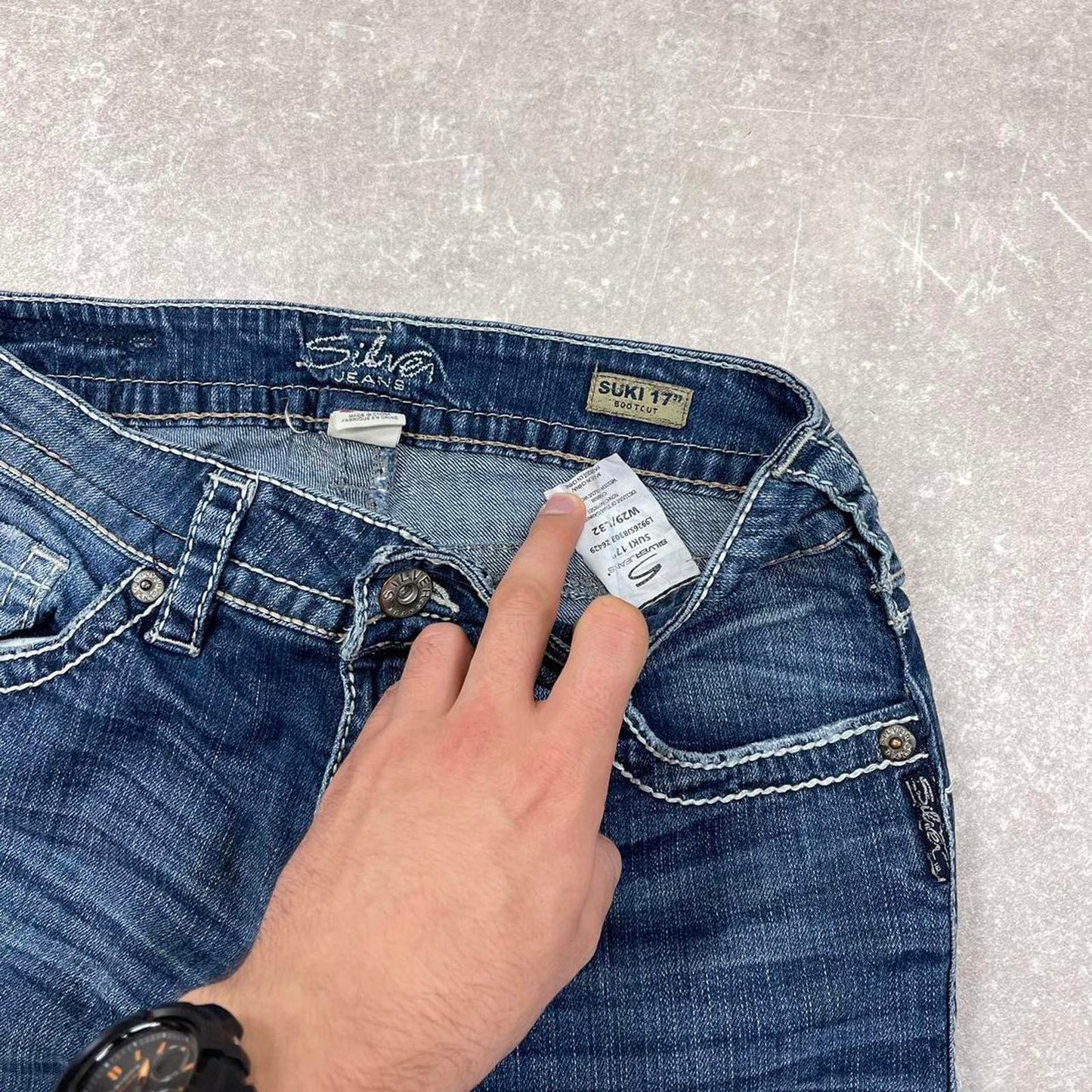 Blue Silver y2k style jeans W29L30 embroidered designs