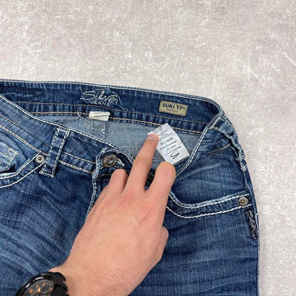 Blue Silver y2k style jeans W29L30 embroidered designs