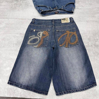 Baggy Southpole skate shorts W34 blue Loose long wide leg embroidered skate jorts