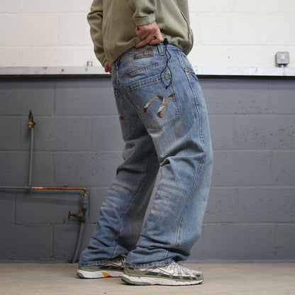 Y2K embroidered skater jeans 5ive Jungle W38L32 90s hip hop style jeans big stitch design