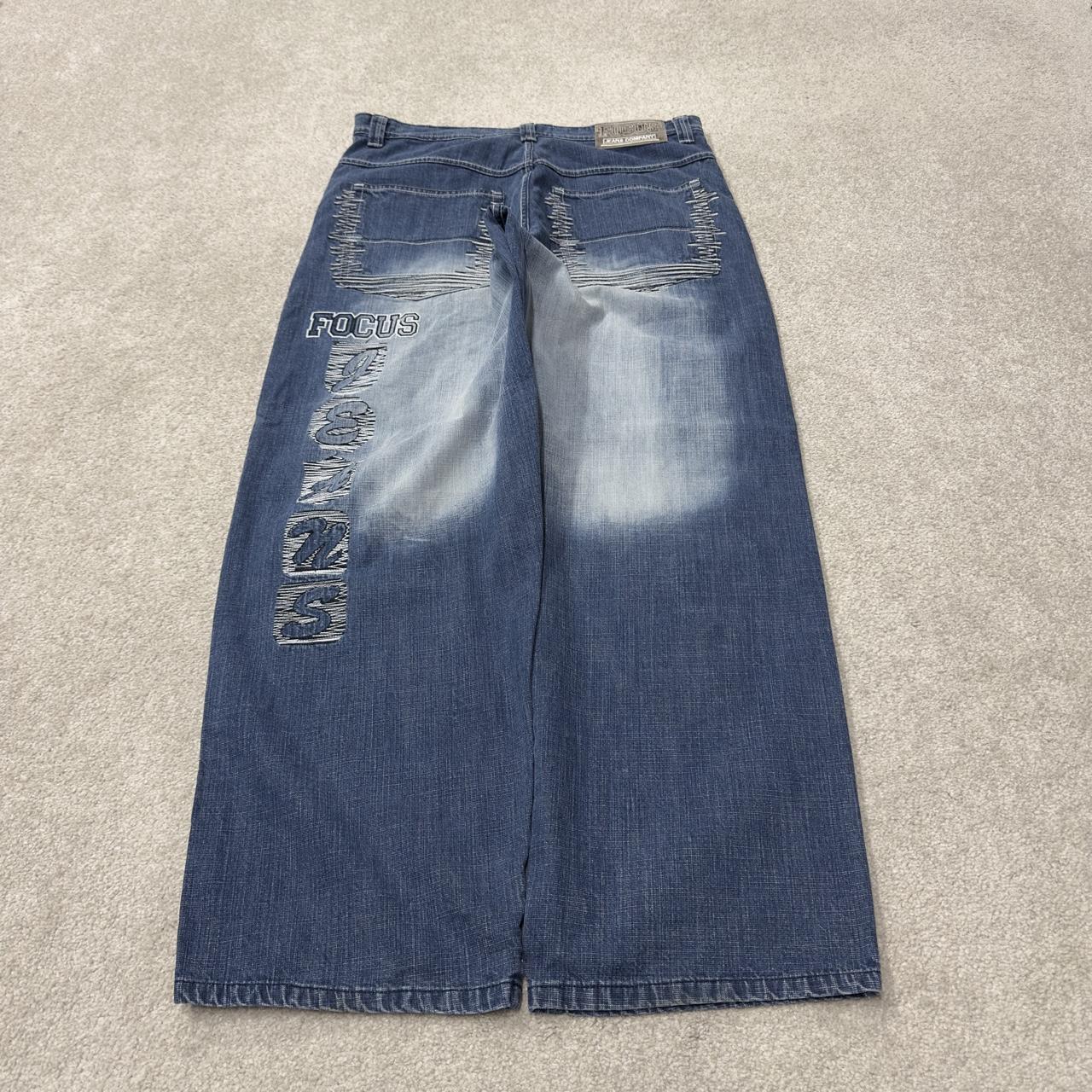 Extra baggy embroidered focus jeans y2k blue denim Loose wide leg skater surf style jeans