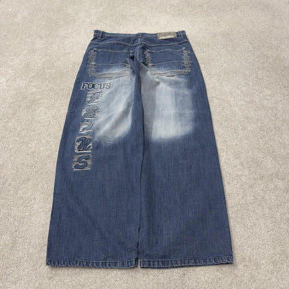 Extra baggy embroidered focus jeans y2k blue denim Loose wide leg skater surf style jeans