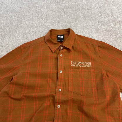 North Face checkered short sleeve shirt y2k orange TNF surf style check shirt summer festival