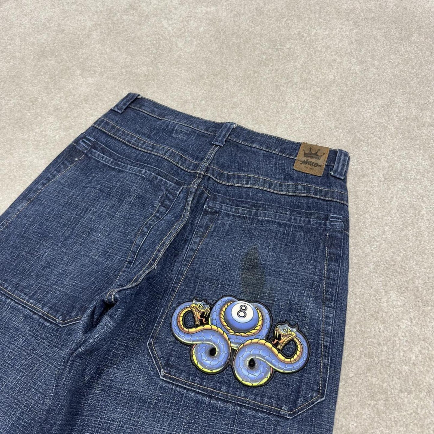 JNCO Y2K serpent 8 ball carpenter shorts skater style blue Loose denim large rear pocket jorts