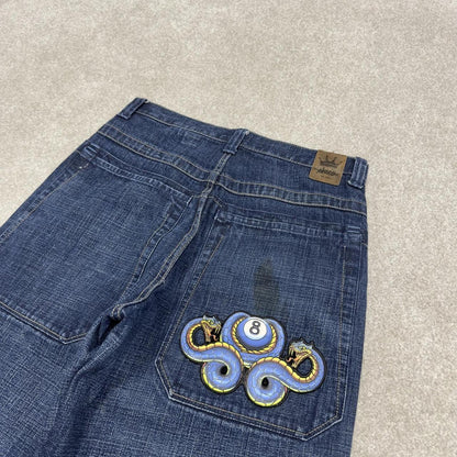 JNCO Y2K serpent 8 ball carpenter shorts skater style blue Loose denim large rear pocket jorts
