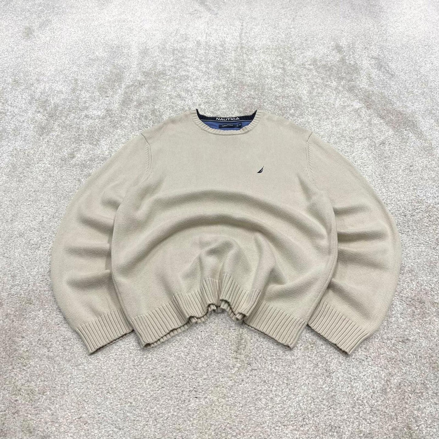 00s Nautica knit sweater jumper embroidered XXL men's beige heavy knitted pull over y2k 00s style
