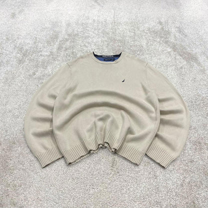 00s Nautica knit sweater jumper embroidered XXL men's beige heavy knitted pull over y2k 00s style