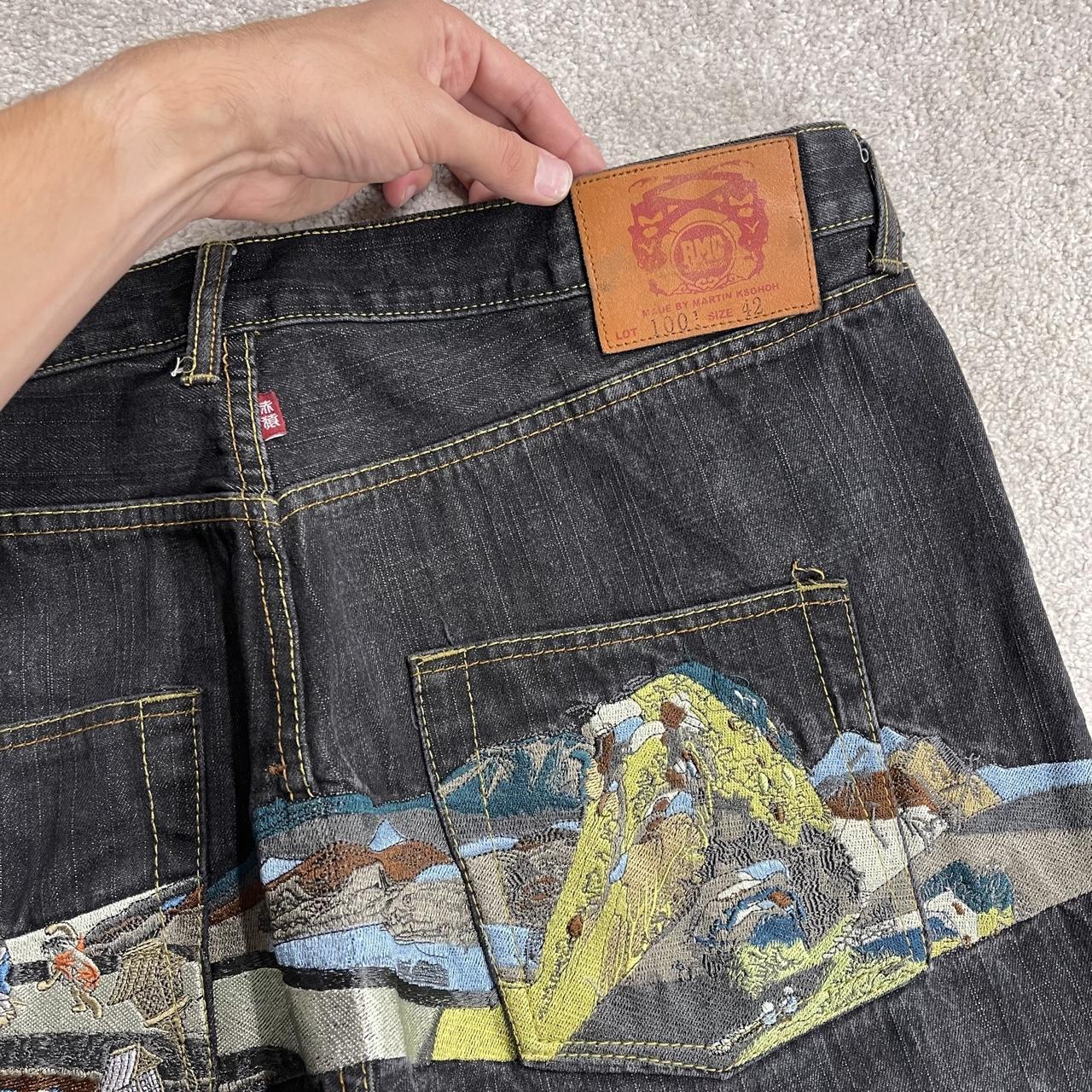 RMC baggy embroidered jeans y2k Japanese style W42L34 black Red Monkey Company LOT 1001 wide leg