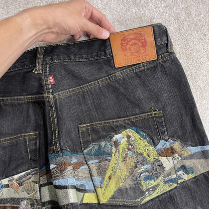 RMC baggy embroidered jeans y2k Japanese style W42L34 black Red Monkey Company LOT 1001 wide leg