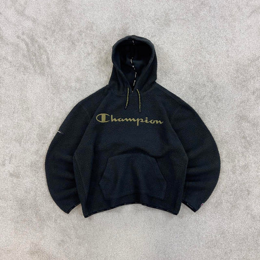 Black Champion technical fleece hoodie Medium Women's cropped y2k style autumn pull over