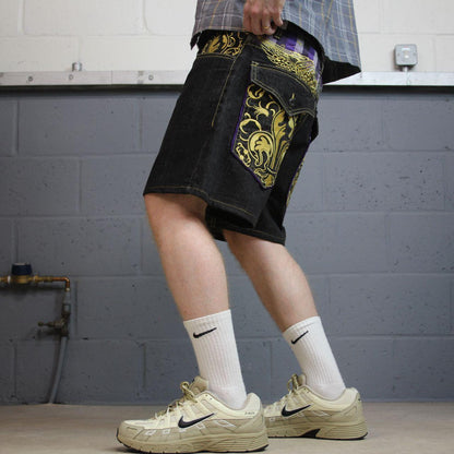 Y2k embroidered denim shorts black Refuse loose short skater festival jorts