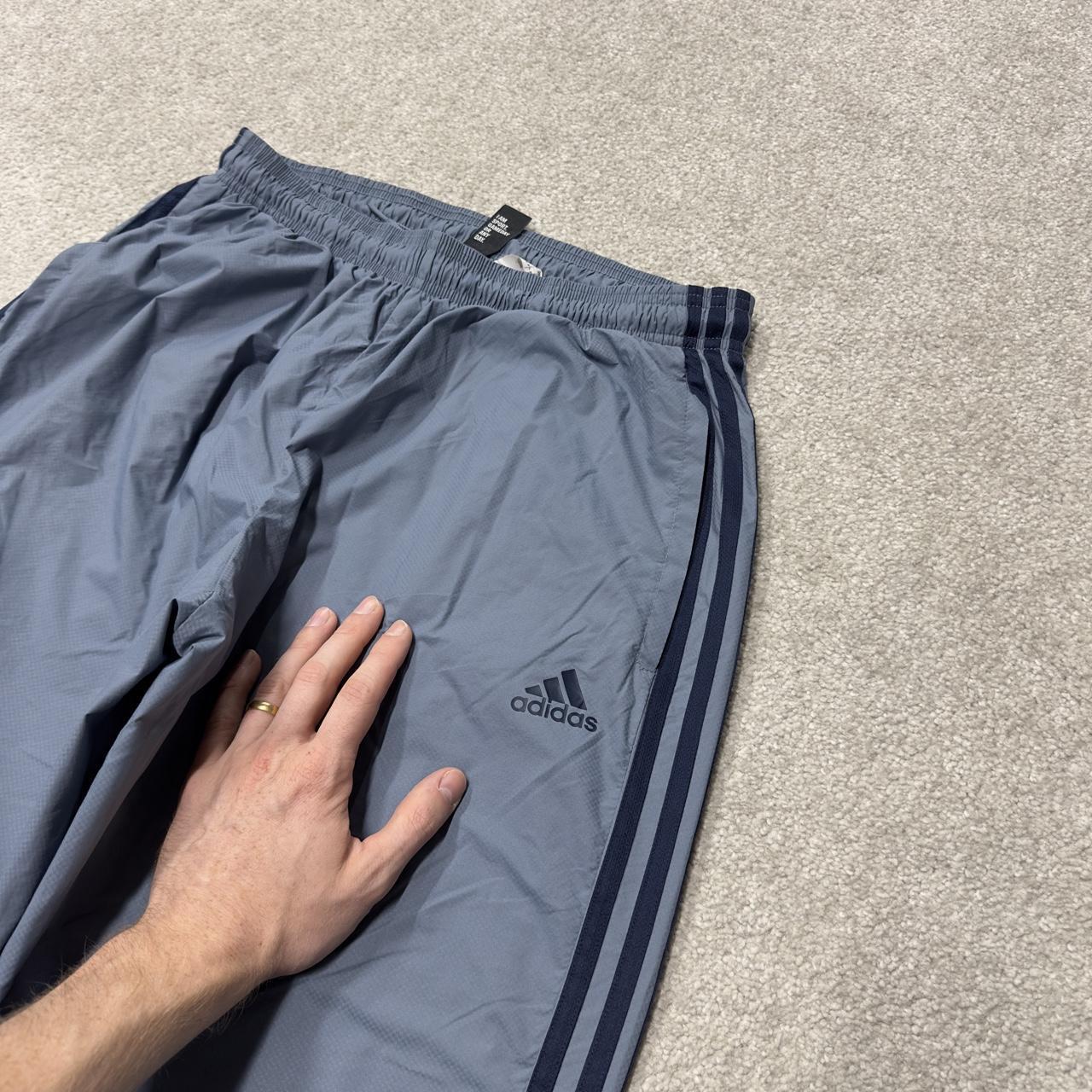 Y2K Adidas tracksuit bottoms grey blue medium side stripe design 2000s style track pants