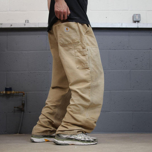 Double knee Carhartt baggy carpenter jeans Wide leg tan brown thick canvas skate cargo work pants