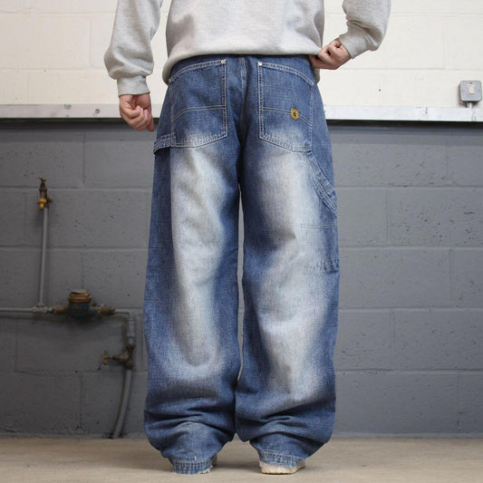 90s baggy carpenter skate jeans W34L34 PJ Mark blue wide leg denim 90s style skater pants casual