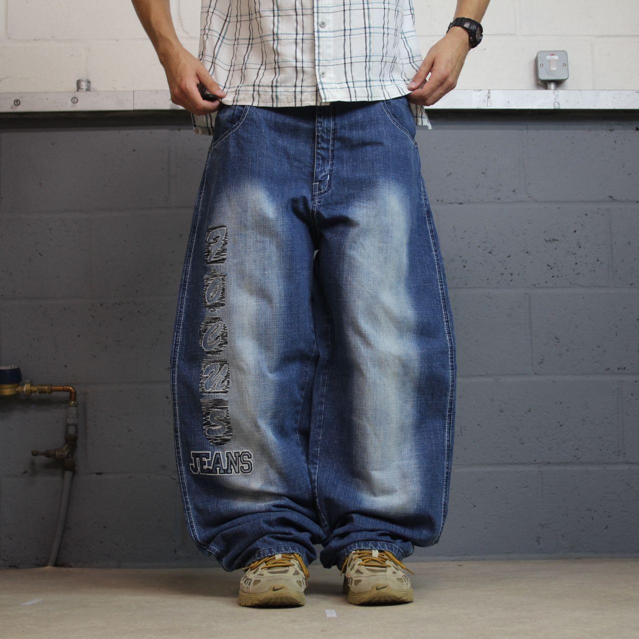 Extra baggy embroidered focus jeans y2k blue denim Loose wide leg skater surf style jeans